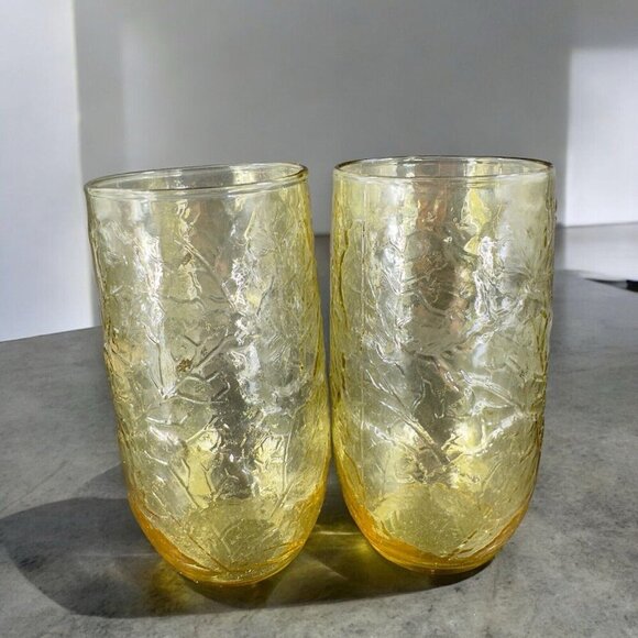 Anchor Hocking Sherwood Amber Glass Leaf Textured Glasses Vintage Glassware Set2 - Picture 2 of 12